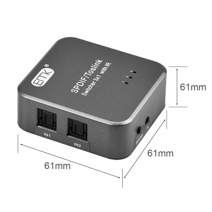 Lisslune | EMK SPDIF/TosLink Digital Optical Audio 3x1 Switcher with IR Controller (Gray)