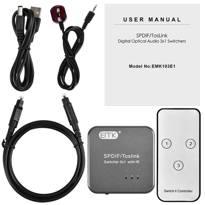 Lisslune | EMK SPDIF/TosLink Digital Optical Audio 3x1 Switcher with IR Controller (Gray)