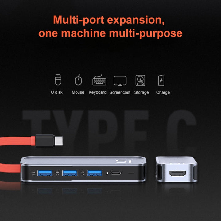Lisslune | ROCK TR21 USB-C / Type-C to HDMI + USB3.0 x 3 + PD 4K 60Hz 5 in 1 Docking Station