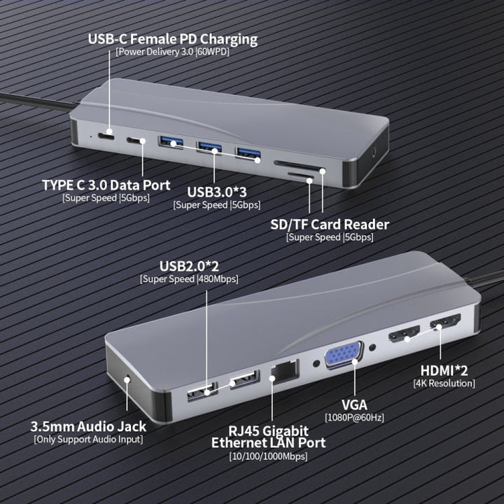 Lisslune | Rocketek HC452 Type-C to 100M RJ45 + HDMI+VGA 14 in 1 HUB Adapter