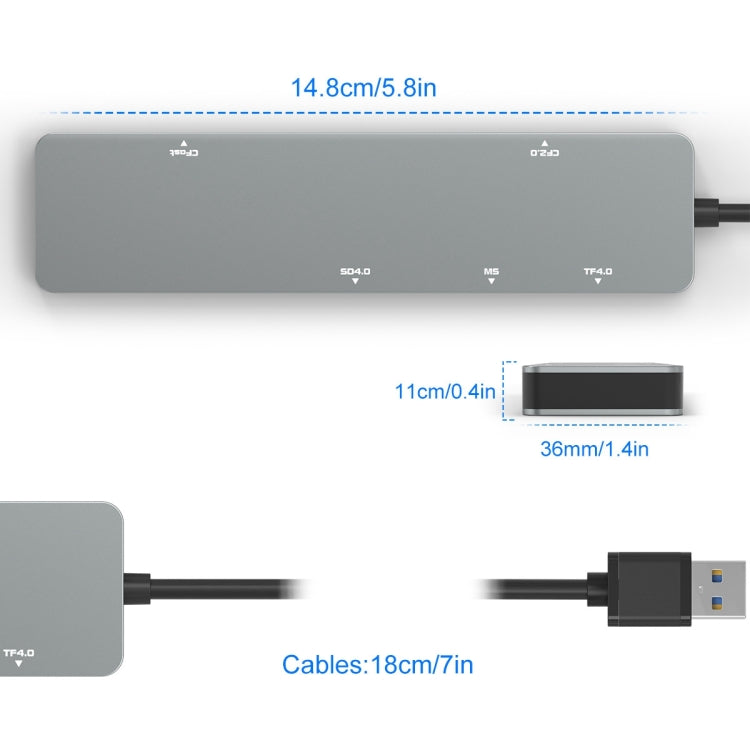 Lisslune | Rocketek CR308 USB3.0 Multifunction Card Reader CF / CFast / SD / MS / TF Card 5 in 1 (Silver Gray)