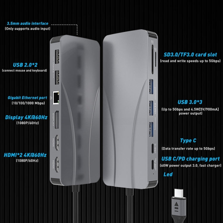 Lisslune | Rocketek HC451 Type-C to 60W PD + 4K HDMI + DP + 100M RJ45 14 in 1 HUB Adapter