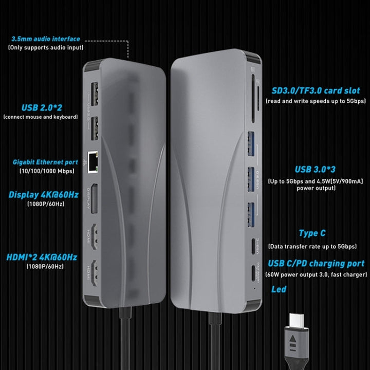 Lisslune | Rocketek HC451 Type-C to 60W PD + 4K HDMI + DP + 100M RJ45 14 in 1 HUB Adapter