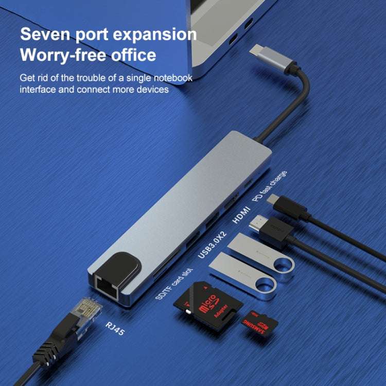 Lisslune | 7 in 1 RJ45 + SD/TF + USB 3.0 x 2 + HDMI + PD to USB-C / Type-C HUB Adapter