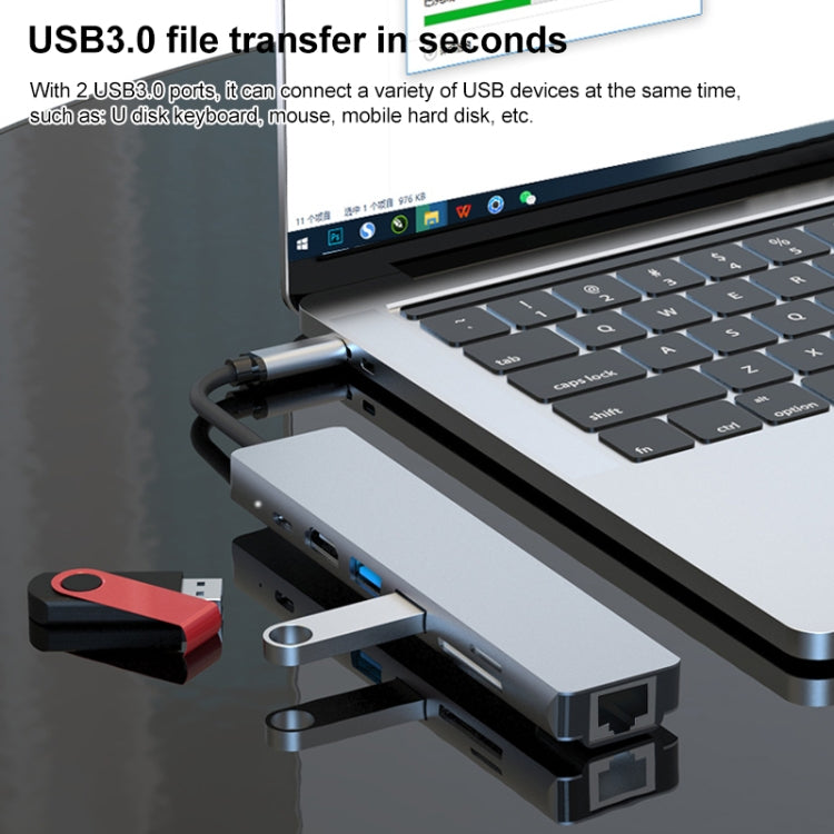 Lisslune | 7 in 1 RJ45 + SD/TF + USB 3.0 x 2 + HDMI + PD to USB-C / Type-C HUB Adapter