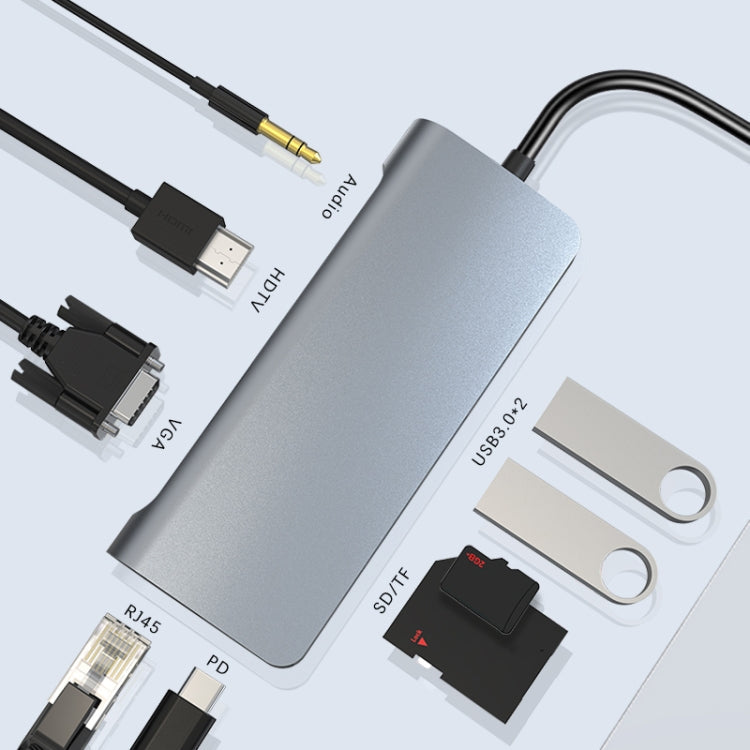 Lisslune | 9 in 1 RJ45 + PD + SD/TF + USB 3.0 x 2 + HDMI + VGA + Audio to USB-C / Type-C HUB Adapter