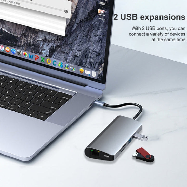 Lisslune | 9 in 1 RJ45 + PD + SD/TF + USB 3.0 x 2 + HDMI + VGA + Audio to USB-C / Type-C HUB Adapter