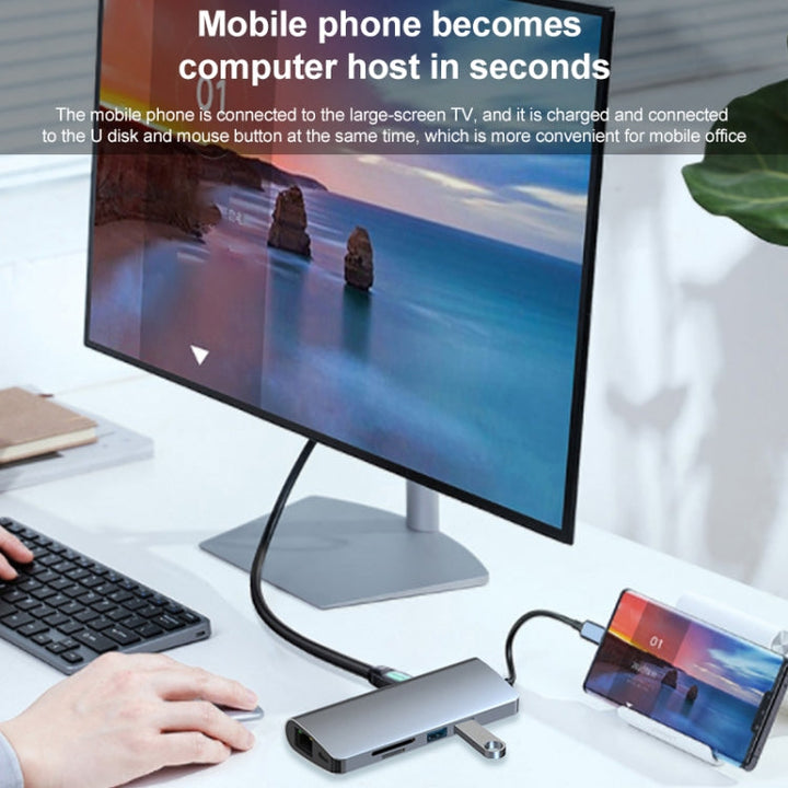Lisslune | 9 in 1 RJ45 + PD + SD/TF + USB 3.0 x 2 + HDMI + VGA + Audio to USB-C / Type-C HUB Adapter