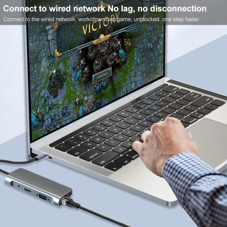 Lisslune | 9 in 1 RJ45 + PD + SD/TF + USB 3.0 x 2 + HDMI + VGA + Audio to USB-C / Type-C HUB Adapter