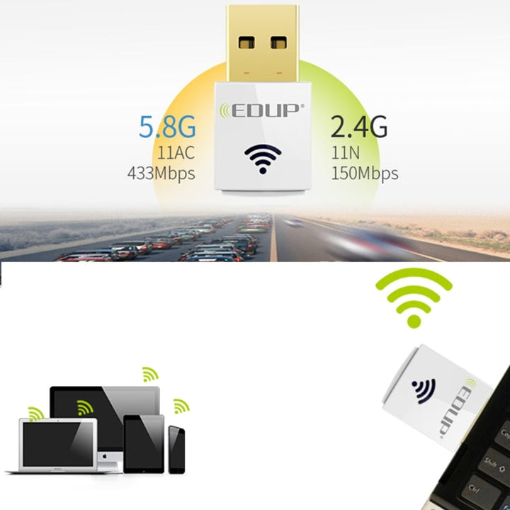 Lisslune | EDUP EP-AC1619 Mini Wireless USB 600Mbps 2.4G / 5.8Ghz 150M+433M Dual Band WiFi Network Adapter for Notebook / Laptop / PC (White)