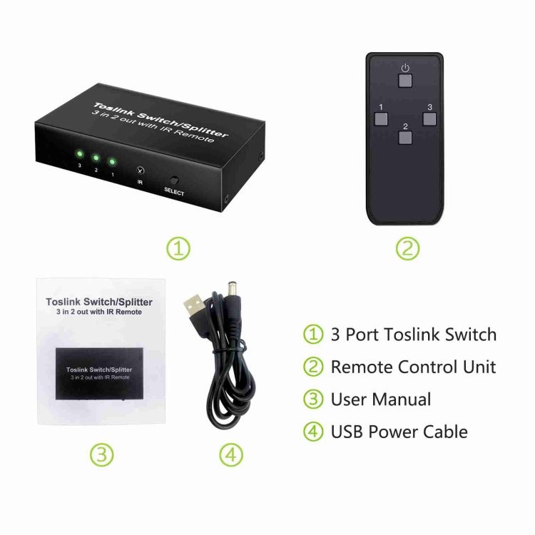 Lisslune | NK-T32 Toslink 3 In 2 Out Switch/Splitter with IR Remote Control