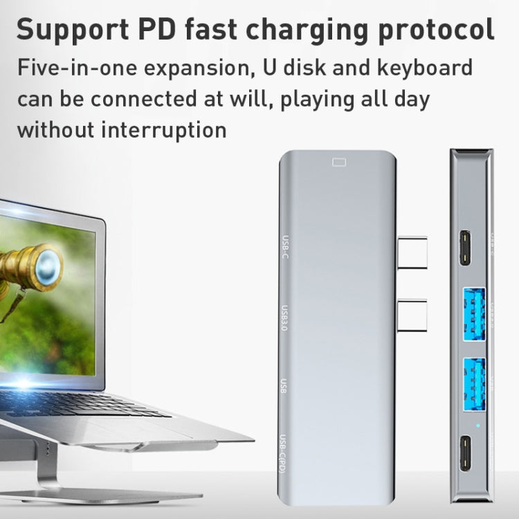 Lisslune | YG-2102 5 in 1 Dual USB-C / Type-C to USB Docking Station HUB Adapter (Silver)