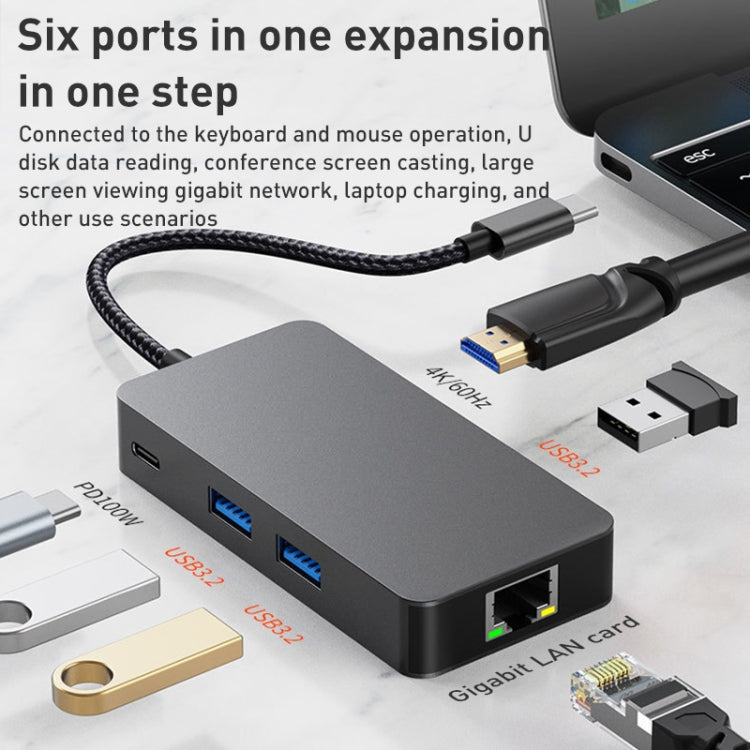 Lisslune | BYL-2308 6 in 1 USB-C / Type-C to USB3.2 + Gigabit Internet + HDTV HUB Adapter (Dark Grey)