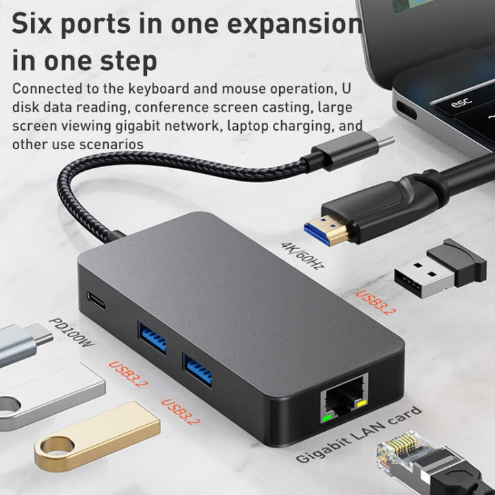 Lisslune | BYL-2308 6 in 1 USB-C / Type-C to USB3.2 + Gigabit Internet + HDTV HUB Adapter (Dark Grey)