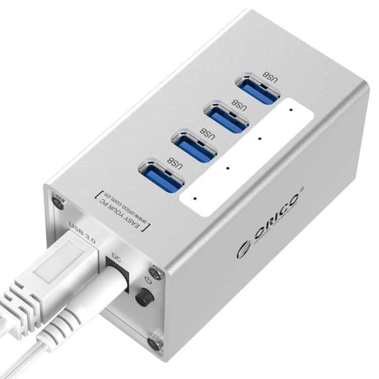 Lisslune | ORICO A3H4 Aluminum High-Speed 4 Ports USB 3.0 HUB with 12V/2.5A Power Supply for Laptops (Silver)