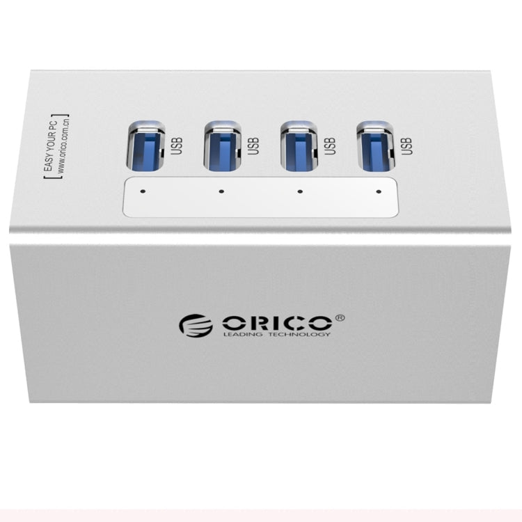 Lisslune | ORICO A3H4 Aluminum High-Speed 4 Ports USB 3.0 HUB with 12V/2.5A Power Supply for Laptops (Silver)