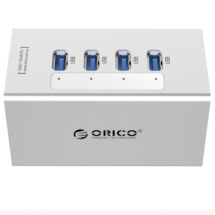 Lisslune | ORICO A3H4 Aluminum High-Speed 4 Ports USB 3.0 HUB with 12V/2.5A Power Supply for Laptops (Silver)