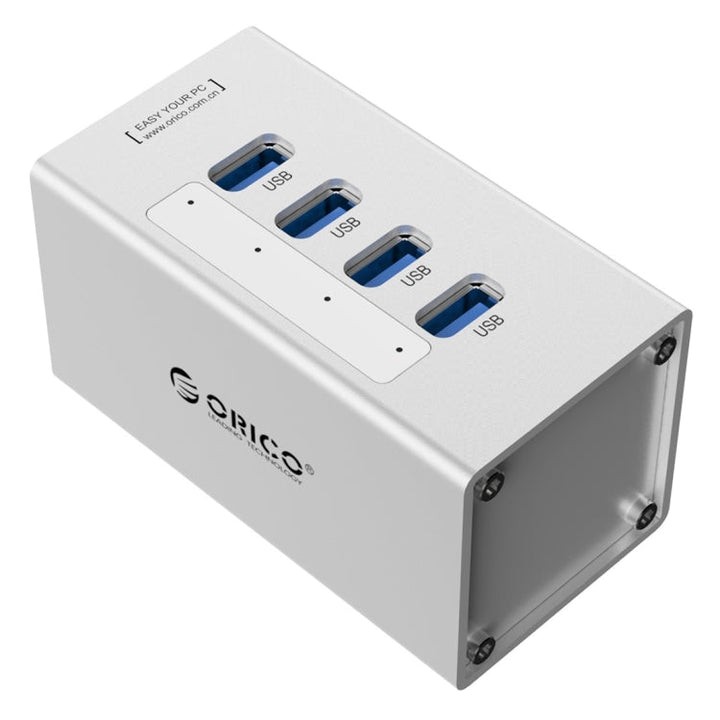 Lisslune | ORICO A3H4 Aluminum High-Speed 4 Ports USB 3.0 HUB with 12V/2.5A Power Supply for Laptops (Silver)