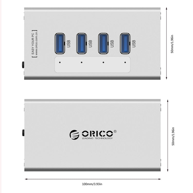 Lisslune | ORICO A3H4 Aluminum High-Speed 4 Ports USB 3.0 HUB with 12V/2.5A Power Supply for Laptops (Silver)