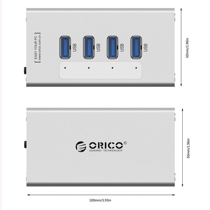 Lisslune | ORICO A3H4 Aluminum High-Speed 4 Ports USB 3.0 HUB with 12V/2.5A Power Supply for Laptops (Silver)