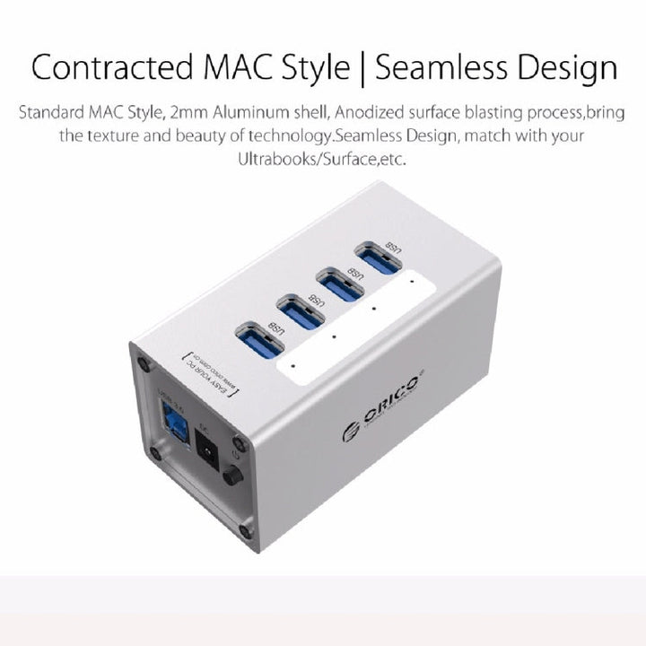 Lisslune | ORICO A3H4 Aluminum High-Speed 4 Ports USB 3.0 HUB with 12V/2.5A Power Supply for Laptops (Silver)