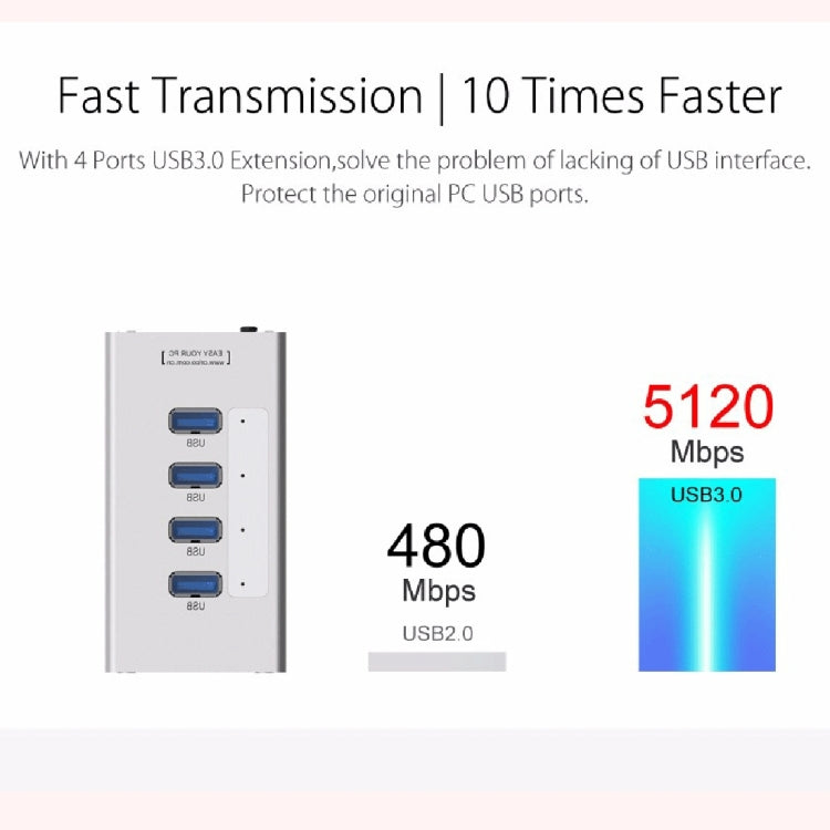 Lisslune | ORICO A3H4 Aluminum High-Speed 4 Ports USB 3.0 HUB with 12V/2.5A Power Supply for Laptops (Silver)