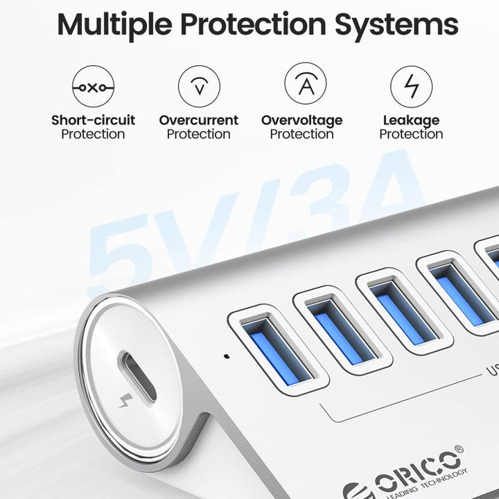 Lisslune | ORICO M3U7 Aluminum alloy 7-Port USB 3.2 Gen1 5Gbps HUB with 0.5 m cable (Silver)