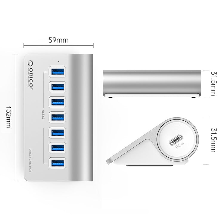 Lisslune | ORICO M3U7-G2 Aluminum Alloy 7-Port USB 3.2 Gen2 10Gbps HUB with 1m Cable (Silver)