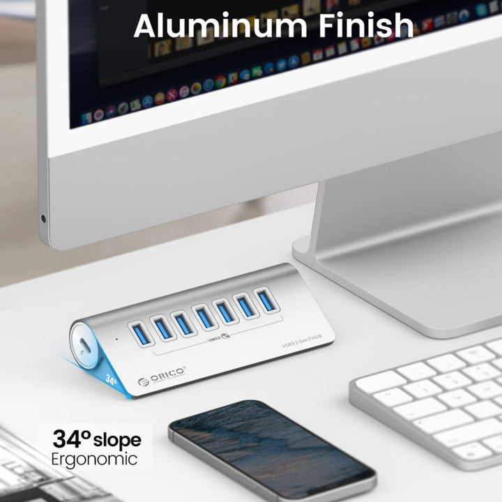 Lisslune | ORICO M3U7-G2 Aluminum Alloy 7-Port USB 3.2 Gen2 10Gbps HUB with 1m Cable (Silver)