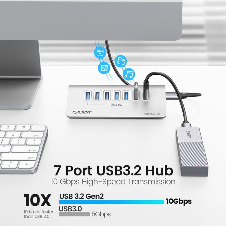 Lisslune | ORICO M3U7-G2 Aluminum Alloy 7-Port USB 3.2 Gen2 10Gbps HUB with 1m Cable (Silver)