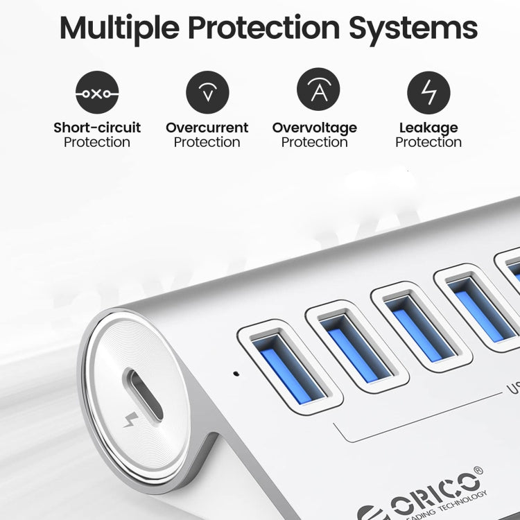 Lisslune | ORICO M3U7-G2 Aluminum Alloy 7-Port USB 3.2 Gen2 10Gbps HUB with 1m Cable (Silver)