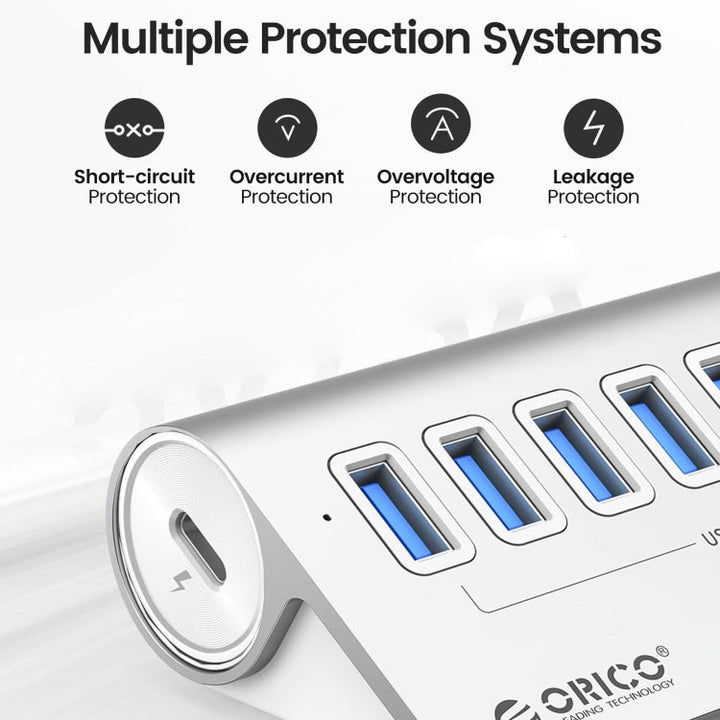 Lisslune | ORICO M3U7-G2 Aluminum Alloy 7-Port USB 3.2 Gen2 10Gbps HUB with 1m Cable (Silver)
