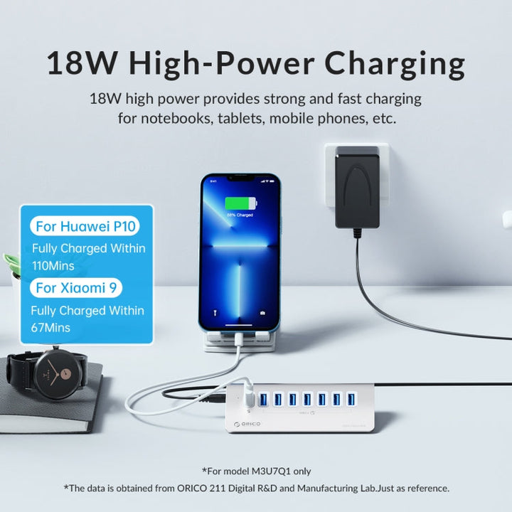 Lisslune | ORICO M3U7-G2 Aluminum Alloy 7-Port USB 3.2 Gen2 10Gbps HUB with 1m Cable (Silver)