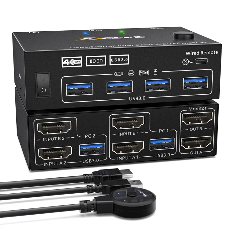 Lisslune | KC-KVM202AS 4K 60HZ USB3.0 HDMI Dual Display KVM Switcher Support EDID Analog Lock Screen