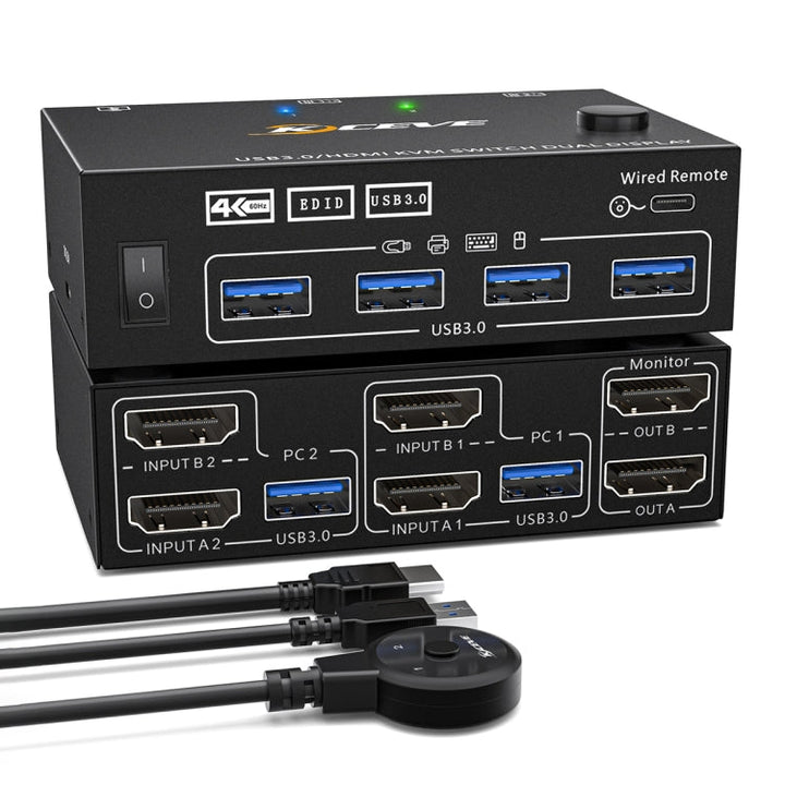 Lisslune | KC-KVM202AS 4K 60HZ USB3.0 HDMI Dual Display KVM Switcher Support EDID Analog Lock Screen
