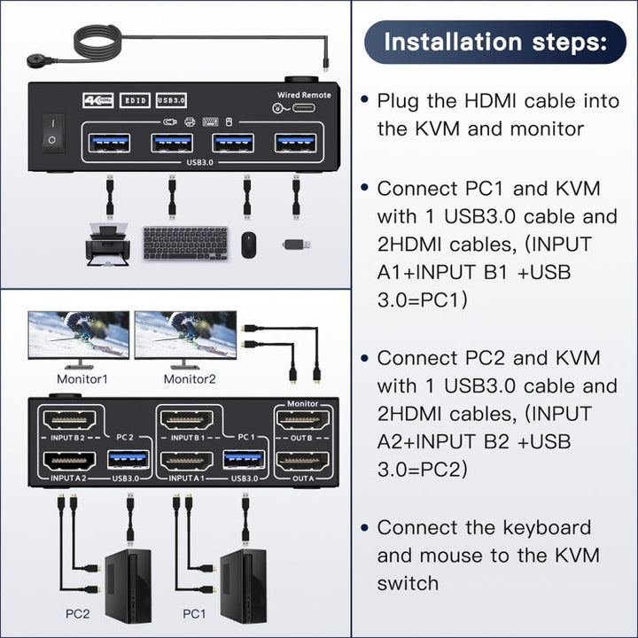 Lisslune | KC-KVM202AS 4K 60HZ USB3.0 HDMI Dual Display KVM Switcher Support EDID Analog Lock Screen