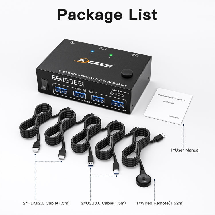 Lisslune | KC-KVM202AS 4K 60HZ USB3.0 HDMI Dual Display KVM Switcher Support EDID Analog Lock Screen