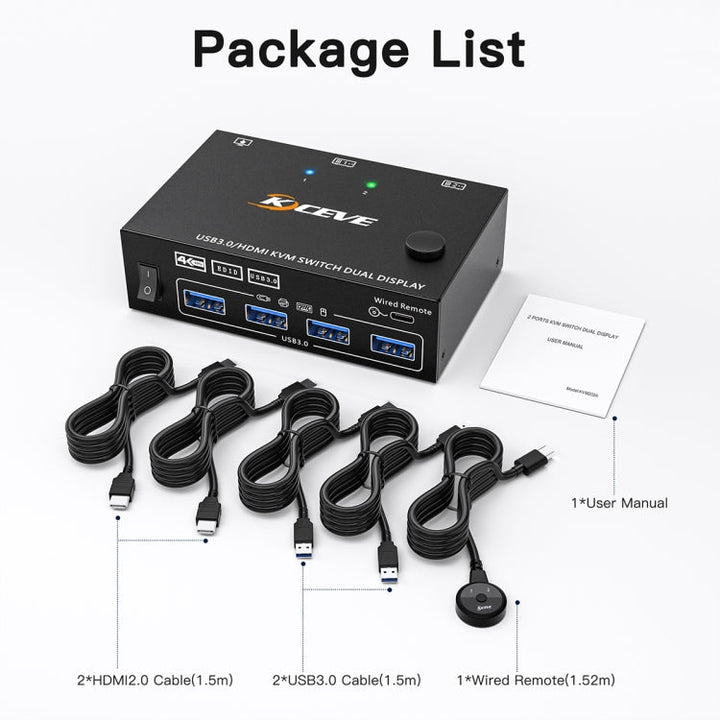 Lisslune | KC-KVM202AS 4K 60HZ USB3.0 HDMI Dual Display KVM Switcher Support EDID Analog Lock Screen
