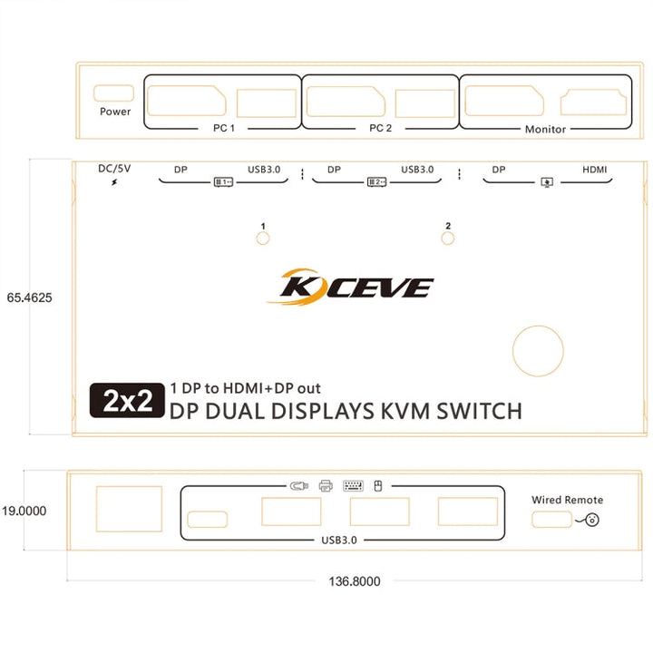 Lisslune | KC-KVM212DH 4K 60HZ USB3.0 DP Dual Display KVM Switcher with MST Dual Screen Extension Duplication