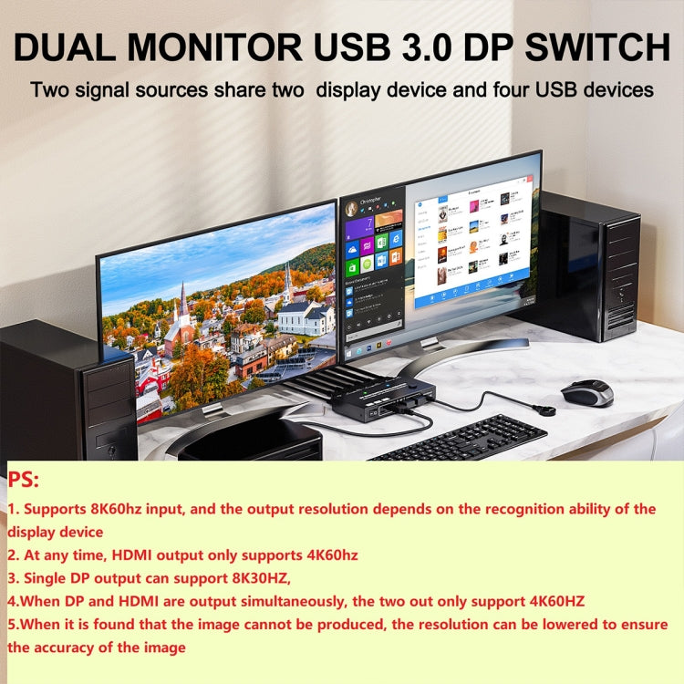 Lisslune | KC-KVM212DH 4K 60HZ USB3.0 DP Dual Display KVM Switcher with MST Dual Screen Extension Duplication