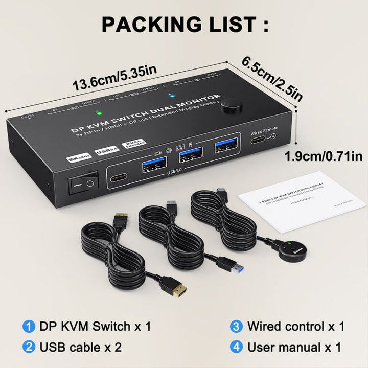 Lisslune | KC-KVM212DH 4K 60HZ USB3.0 DP Dual Display KVM Switcher with MST Dual Screen Extension Duplication