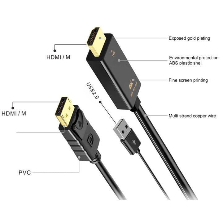 Lisslune | Onten H147 HDMI male + USB 2.0 male to DisplayPort male adapter cable, length: 1.8m