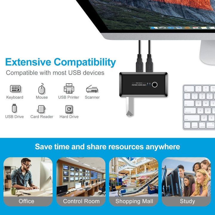 Lisslune | UK204V Driverless USB 3.0 Switch Selector 2 USB Ports Sharing 4 USB Ports Switch Adapter for Mouse, Keyboard, Printer