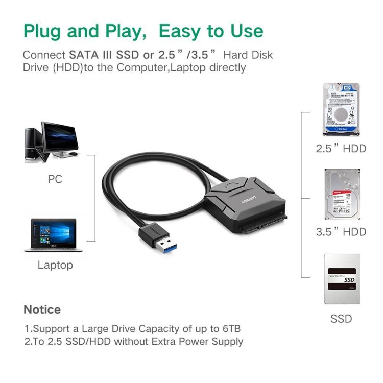 Lisslune | UGREEN USB 3.0 to SATA Adapter Cable Converter for 2.5 / 3.5 inch Hard Drive HDD and SSD, Supports UASP SATA 3.0 (Black)