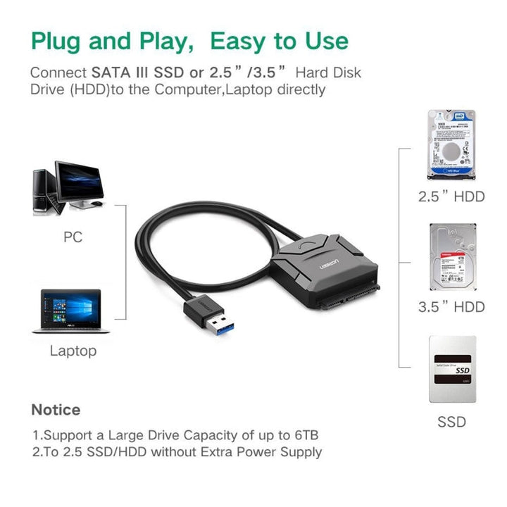 Lisslune | UGREEN USB 3.0 to SATA Adapter Cable Converter for 2.5 / 3.5 inch Hard Drive HDD and SSD, Supports UASP SATA 3.0 (Black)