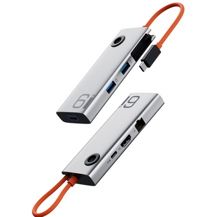 Lisslune | ROCK TR28 HDMI 4K Gigabit Network PD Fast Charger 6 in 1 USB 3.0 HUB (Silver Black)