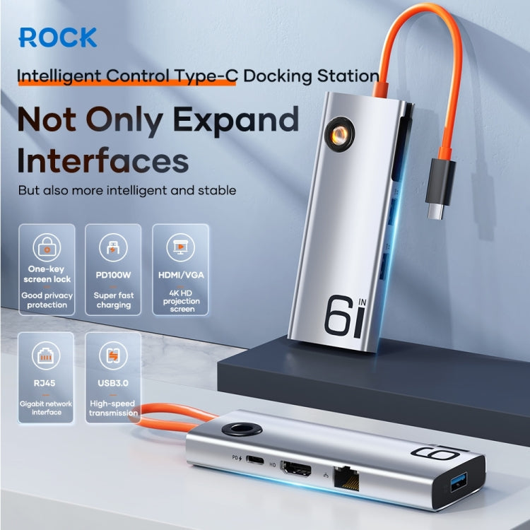 Lisslune | ROCK TR28 HDMI 4K Gigabit Network PD Fast Charger 6 in 1 USB 3.0 HUB (Silver Black)
