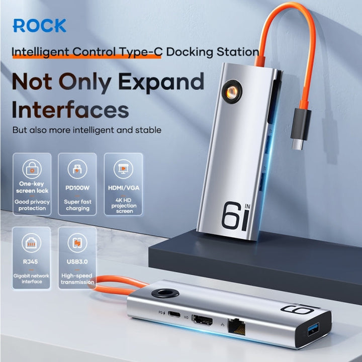 Lisslune | ROCK TR28 HDMI 4K Gigabit Network PD Fast Charger 6 in 1 USB 3.0 HUB (Silver Black)