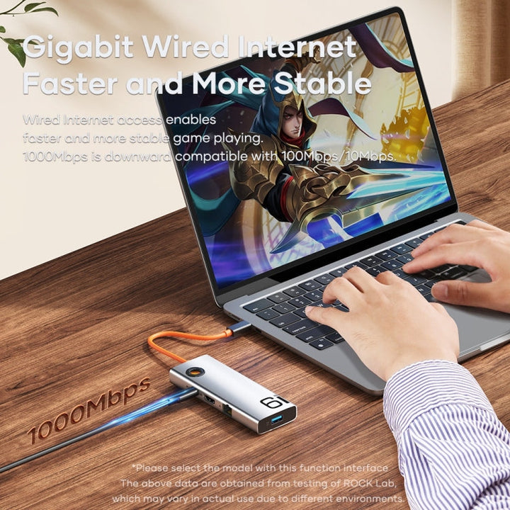 Lisslune | ROCK TR28 HDMI 4K Gigabit Network PD Fast Charger 6 in 1 USB 3.0 HUB (Silver Black)