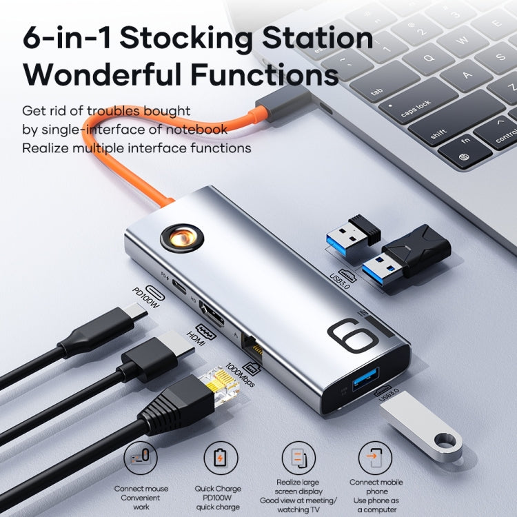 Lisslune | ROCK TR28 HDMI 4K Gigabit Network PD Fast Charger 6 in 1 USB 3.0 HUB (Silver Black)